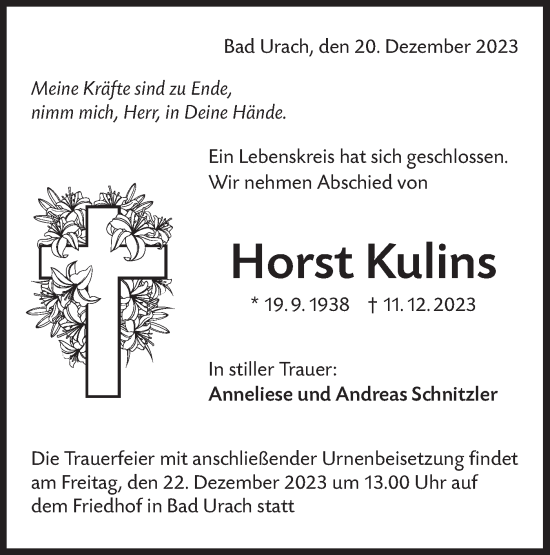 Traueranzeige von Horst Kulins von SÜDWEST PRESSE/SÜDWEST PRESSE