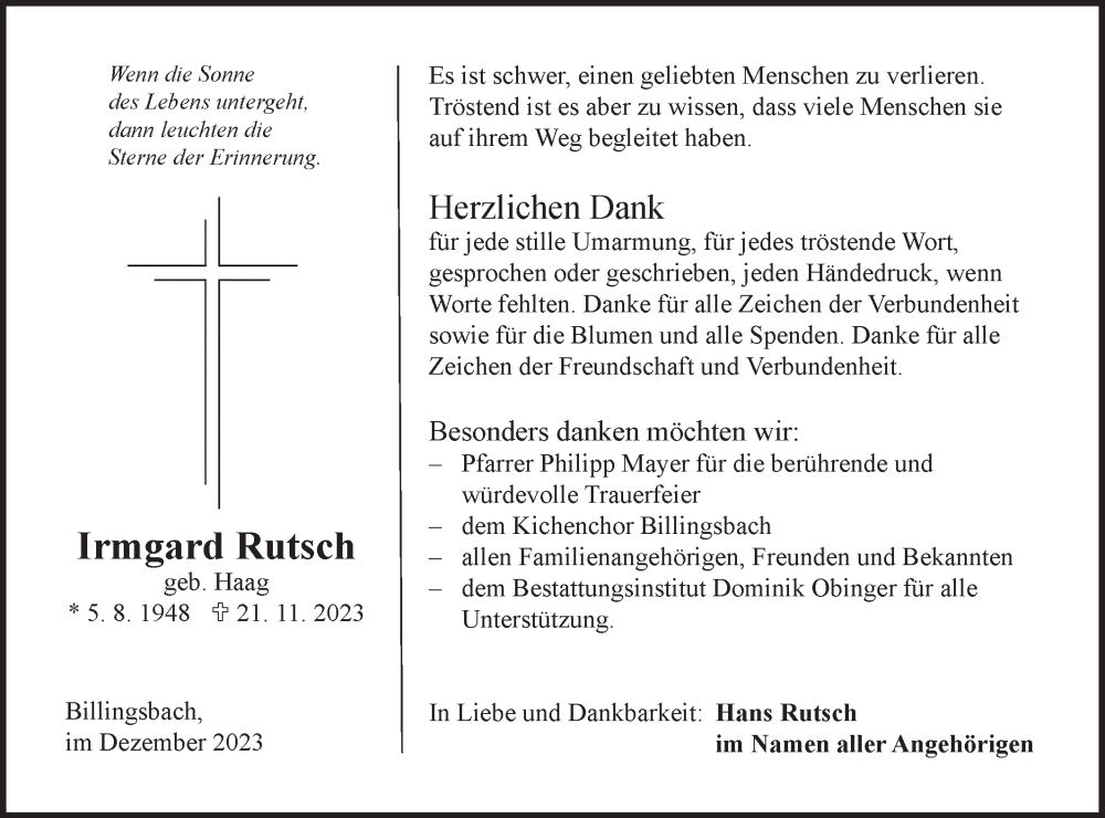  Traueranzeige für Irmgard Rutsch vom 30.12.2023 aus Hohenloher Tagblatt