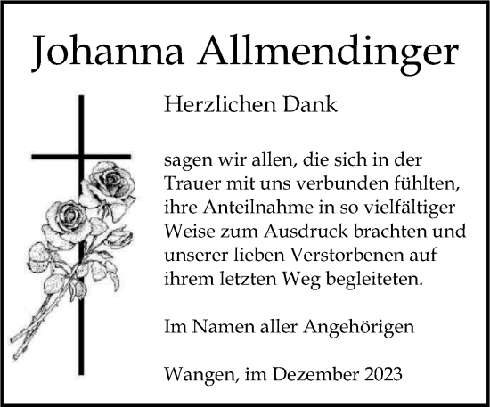 Traueranzeige von Johanna Allmendinger von NWZ Neue Württembergische Zeitung