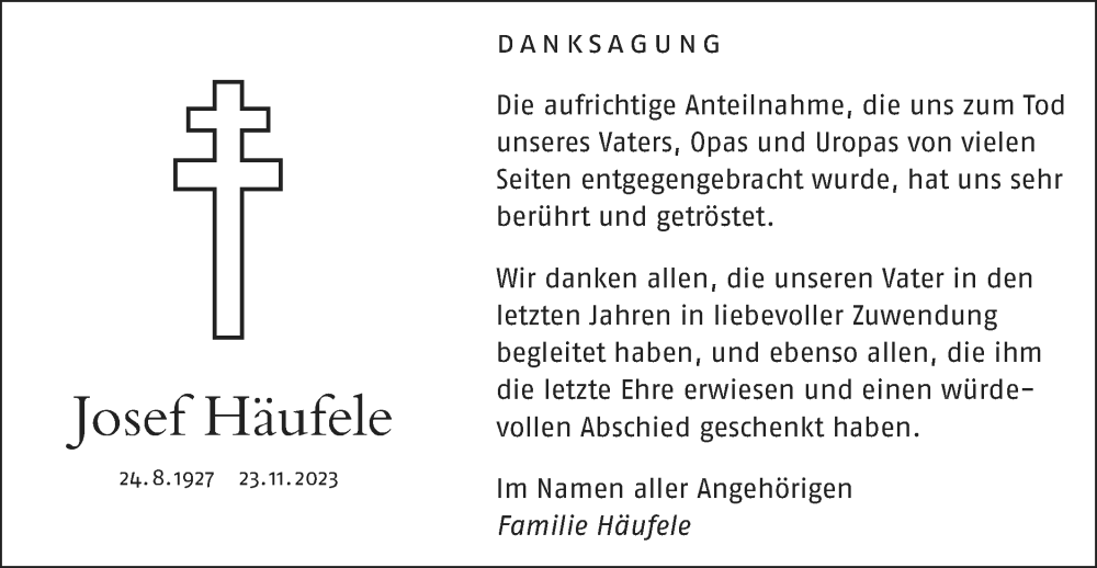  Traueranzeige für Josef Häufele vom 16.12.2023 aus SÜDWEST PRESSE Ausgabe Ulm/Neu-Ulm