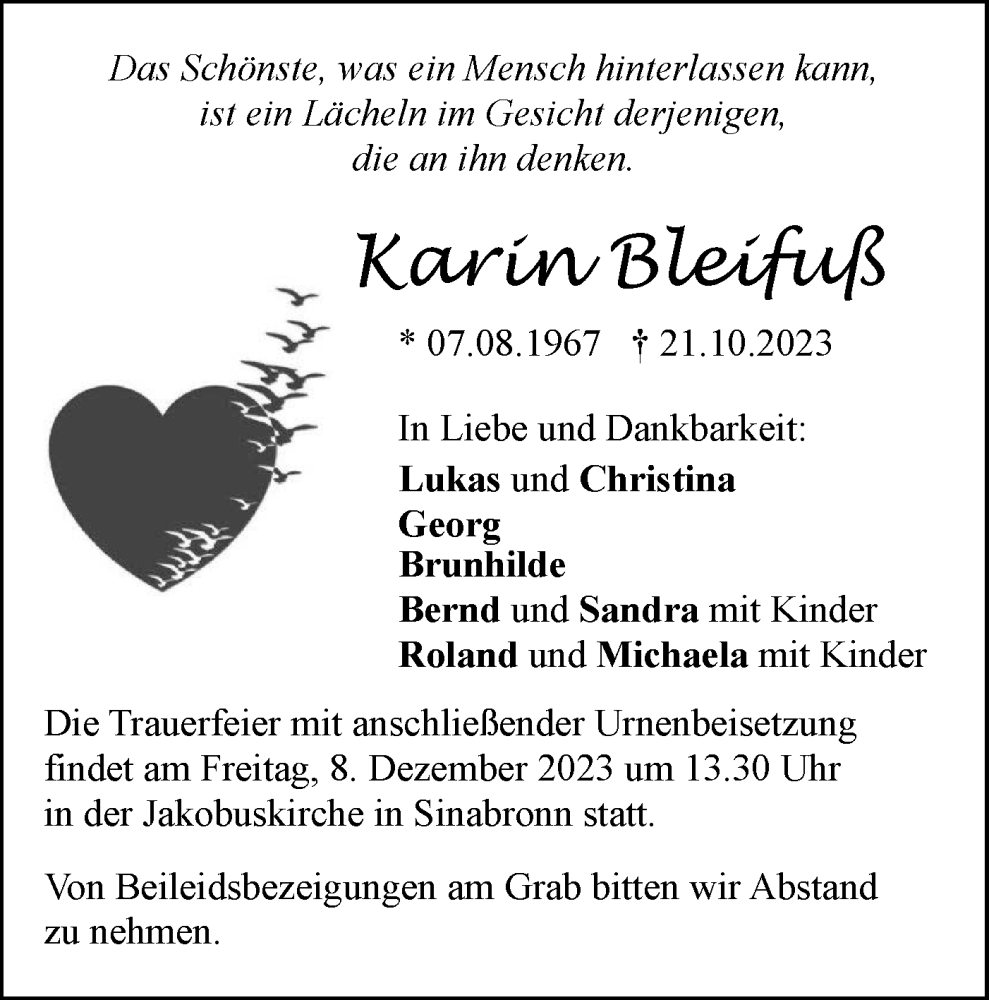  Traueranzeige für Karin Bleifuß vom 01.12.2023 aus SÜDWEST PRESSE Ausgabe Ulm/Neu-Ulm