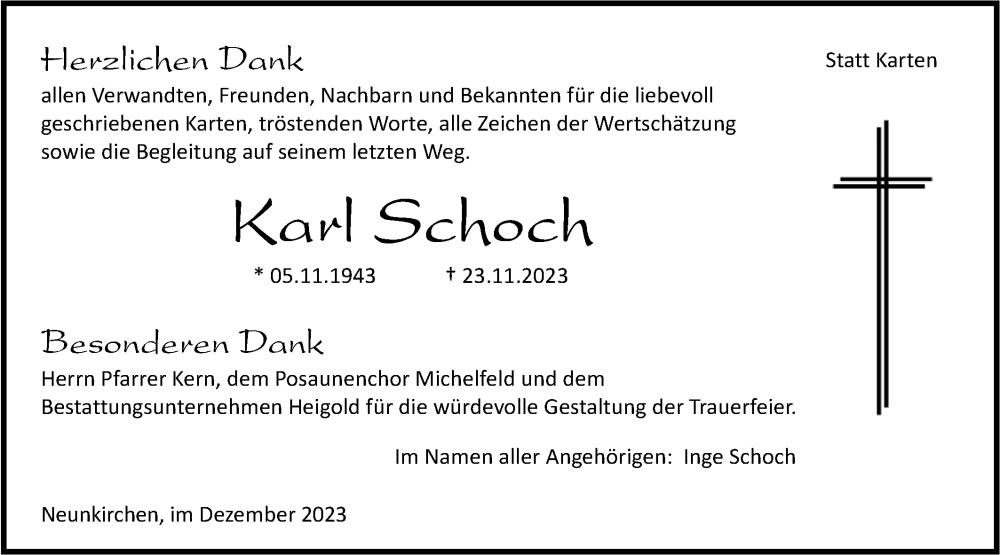  Traueranzeige für Karl Schoch vom 16.12.2023 aus Haller Tagblatt