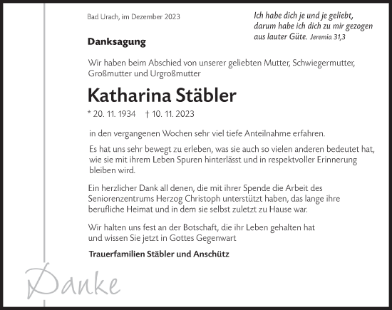 Traueranzeige von Katharina Stäbler von SÜDWEST PRESSE/SÜDWEST PRESSE
