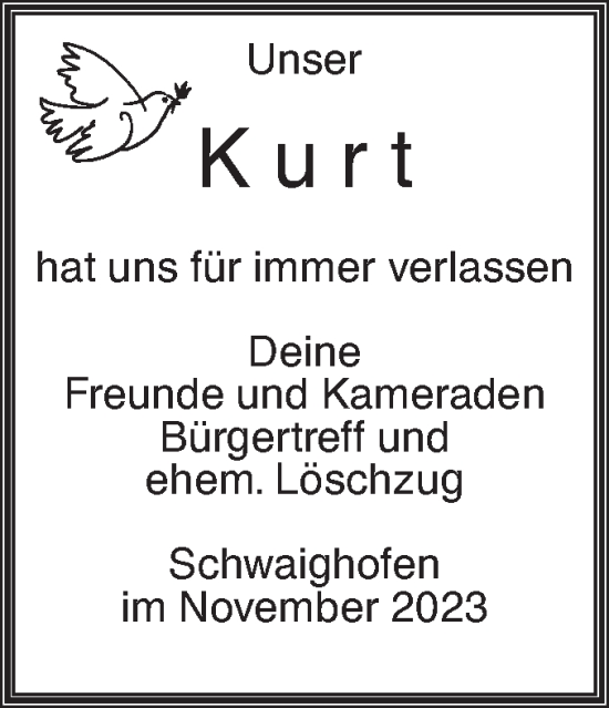 Traueranzeige von Kurt  von SÜDWEST PRESSE Ausgabe Ulm/Neu-Ulm