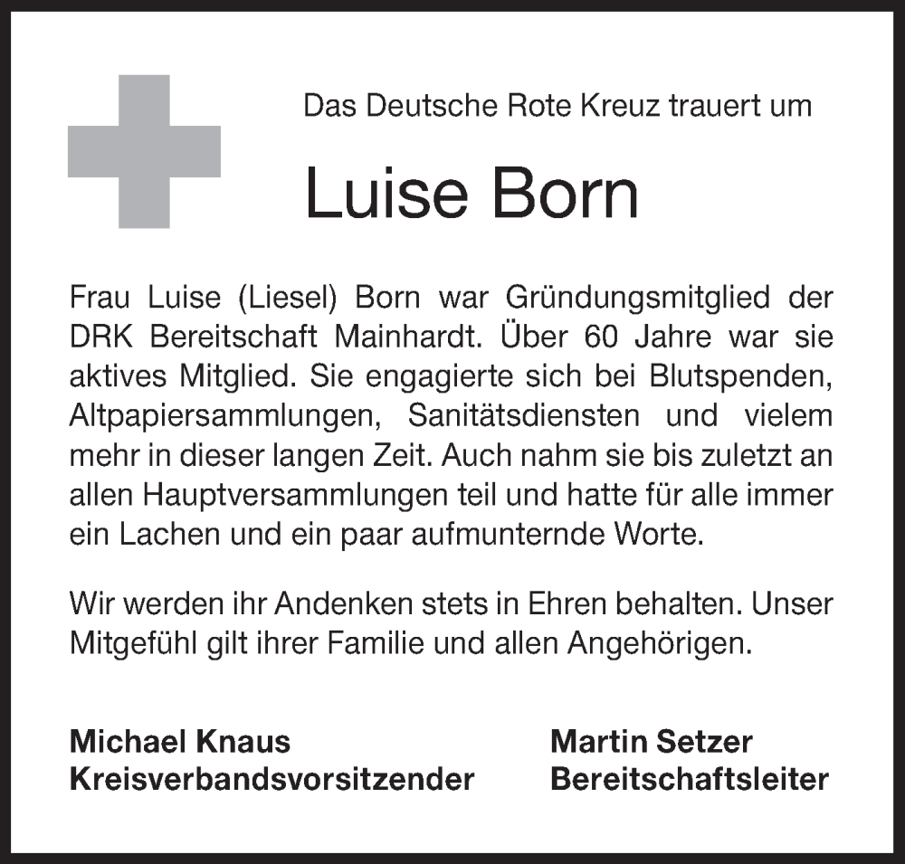  Traueranzeige für Luise  Born vom 13.12.2023 aus Haller Tagblatt