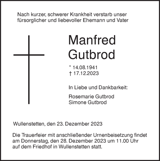 Traueranzeige von Manfred Gutbrod von SÜDWEST PRESSE Ausgabe Ulm/Neu-Ulm