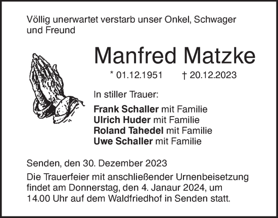 Traueranzeige von Manfred Matzke von SÜDWEST PRESSE Ausgabe Ulm/Neu-Ulm
