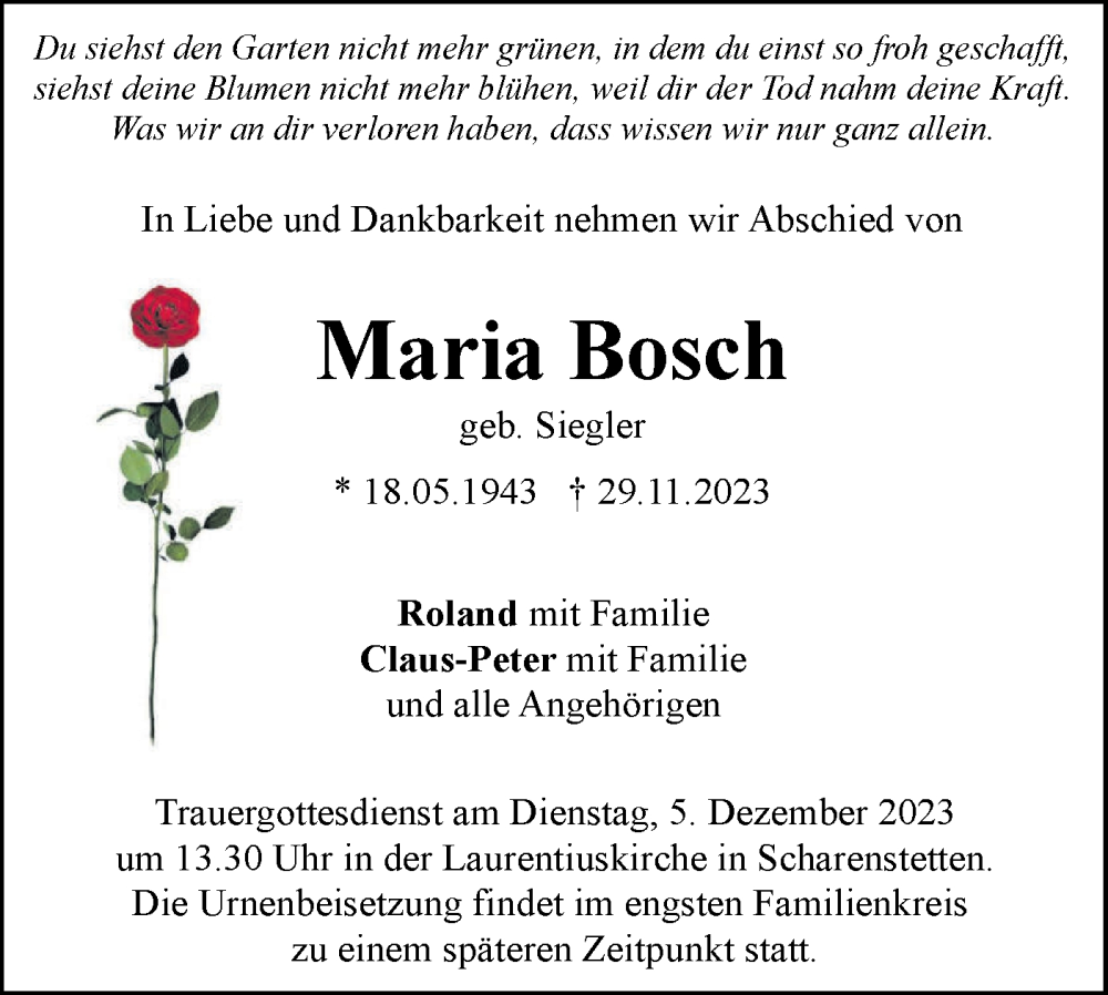  Traueranzeige für Maria Bosch vom 02.12.2023 aus SÜDWEST PRESSE Ausgabe Ulm/Neu-Ulm