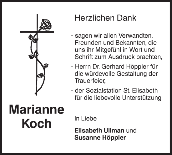 Traueranzeige von Marianne Koch von SÜDWEST PRESSE Ausgabe Ulm/Neu-Ulm