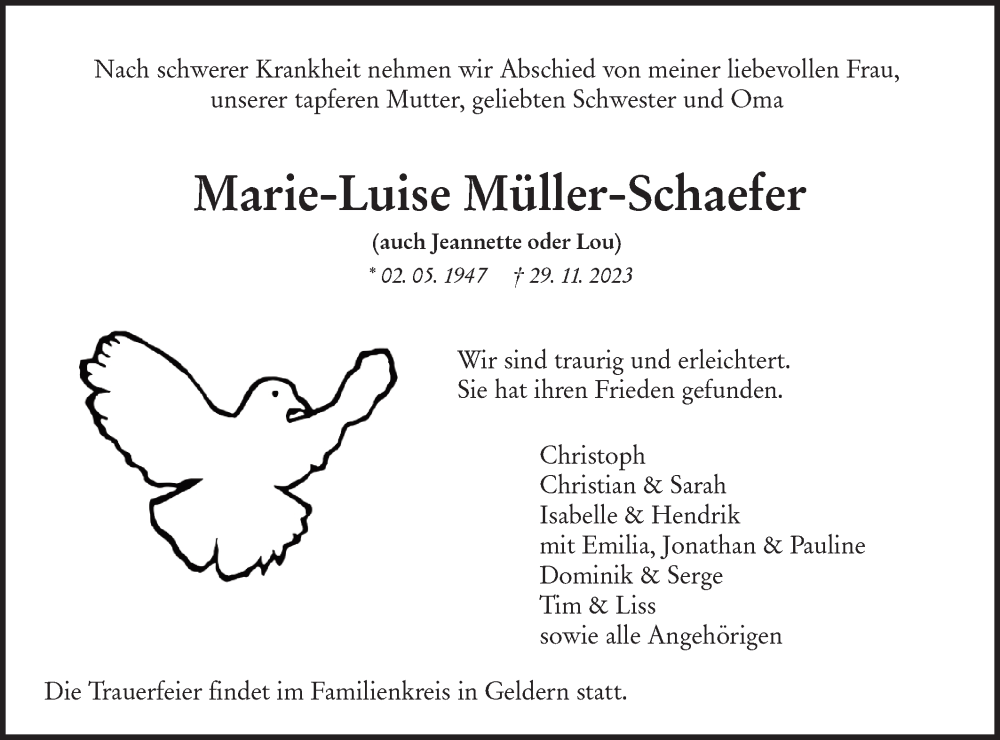  Traueranzeige für Marie-Luise Müller-Schaefer vom 02.12.2023 aus NWZ Neue Württembergische Zeitung