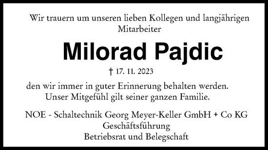 Traueranzeige von Milorad Pajdic von NWZ Neue Württembergische Zeitung/Geislinger Zeitung