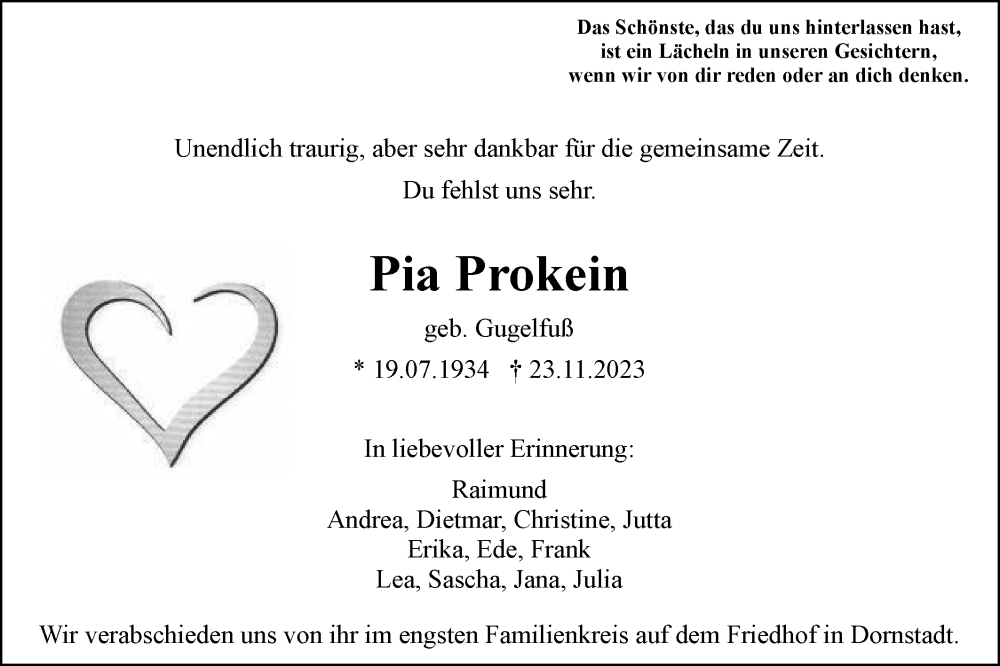  Traueranzeige für Pia Prokein vom 02.12.2023 aus SÜDWEST PRESSE Ausgabe Ulm/Neu-Ulm