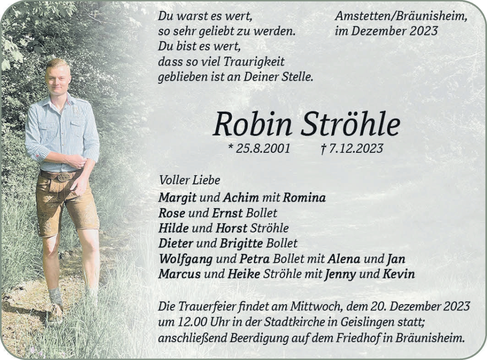  Traueranzeige für Robin Ströhle vom 15.12.2023 aus Geislinger Zeitung