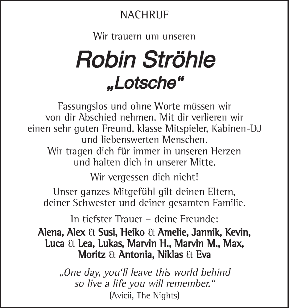  Traueranzeige für Robin Ströhle vom 15.12.2023 aus Geislinger Zeitung