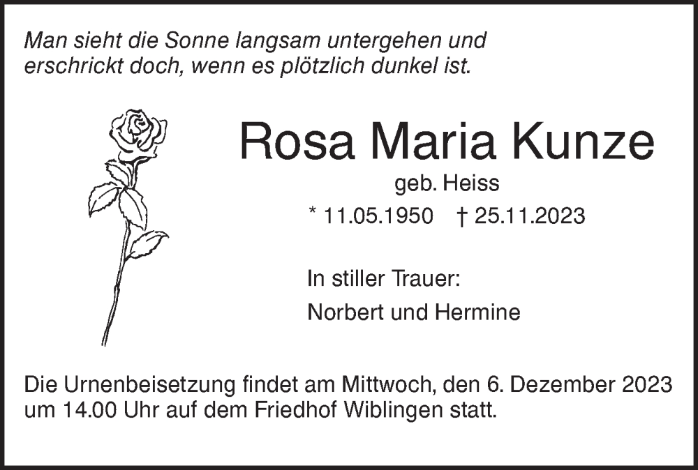  Traueranzeige für Rosa Maria Kunze vom 01.12.2023 aus SÜDWEST PRESSE Ausgabe Ulm/Neu-Ulm