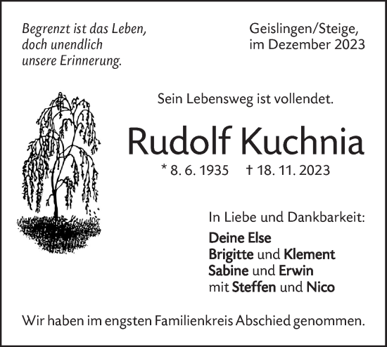 Traueranzeige von Rudolf Kuchnia von Geislinger Zeitung