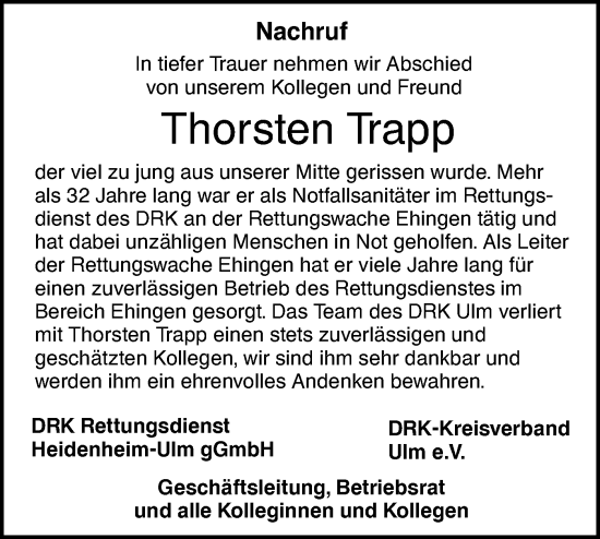 Traueranzeige von Thorsten Trapp von Ehinger Tagblatt