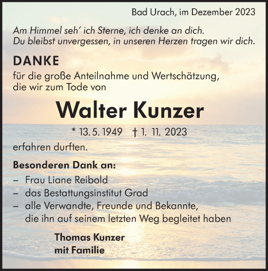 Traueranzeige von Walter Kunzer von SÜDWEST PRESSE/SÜDWEST PRESSE