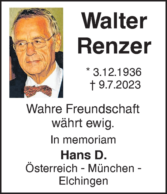 Traueranzeige von Walter Renzer von SÜDWEST PRESSE Ausgabe Ulm/Neu-Ulm