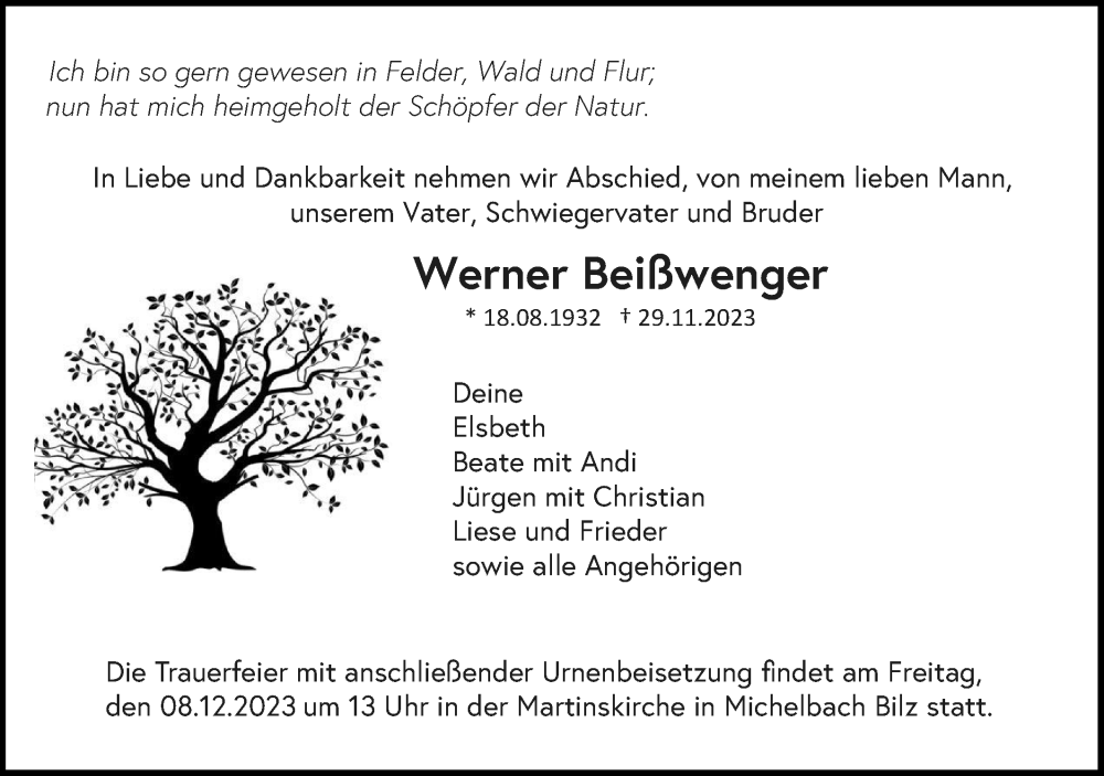  Traueranzeige für Werner Beißwenger vom 02.12.2023 aus Haller Tagblatt