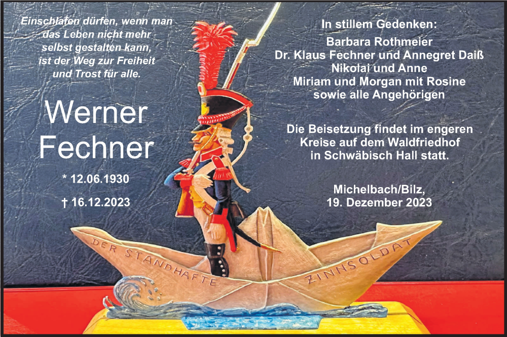 Traueranzeige für Werner Fechner vom 19.12.2023 aus Haller Tagblatt