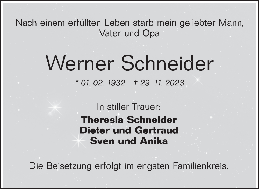  Traueranzeige für Werner Schneider vom 02.12.2023 aus Hohenloher Tagblatt