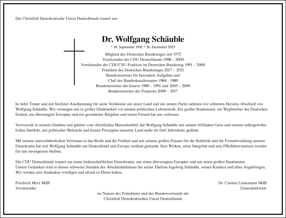  Traueranzeige für Wolfgang Schäuble vom 30.12.2023 aus SÜDWEST PRESSE