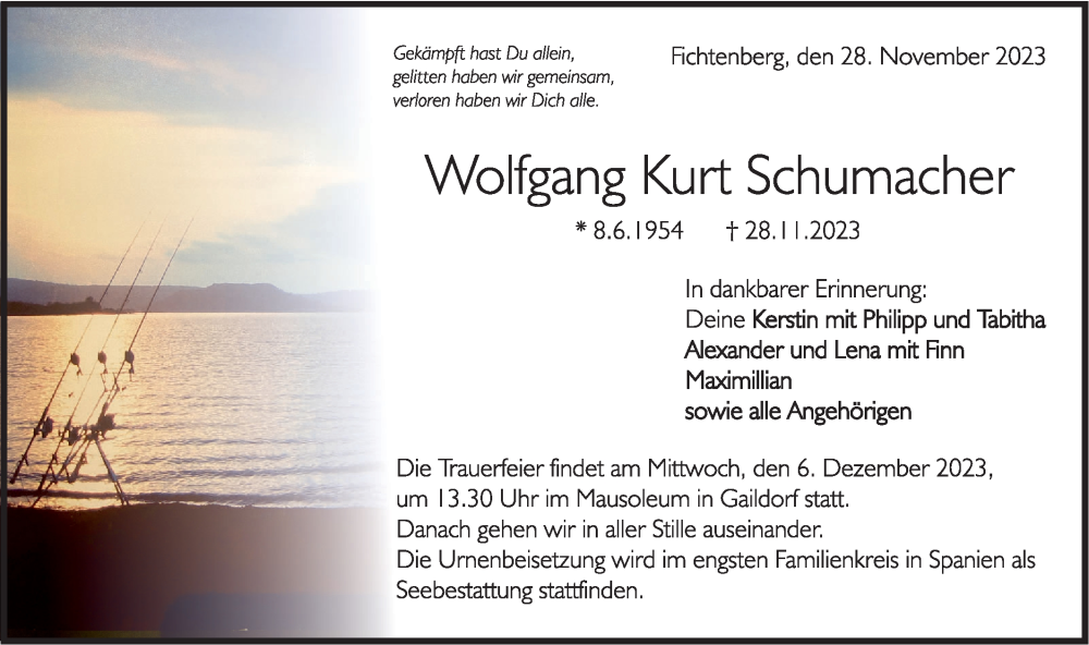  Traueranzeige für Wolfgang  Schumacher vom 02.12.2023 aus Rundschau Gaildorf
