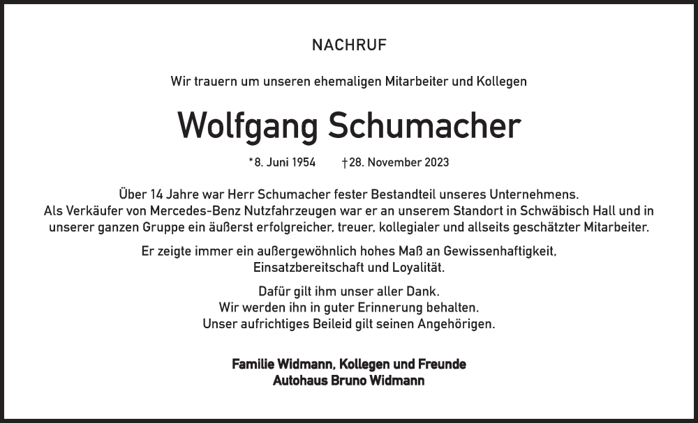  Traueranzeige für Wolfgang  Schumacher vom 08.12.2023 aus Haller Tagblatt/Rundschau Gaildorf