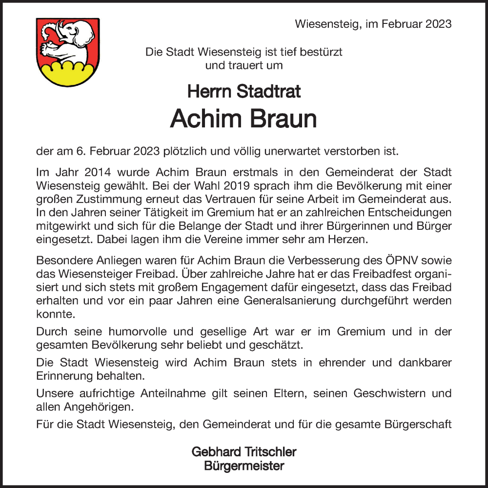  Traueranzeige für Achim Braun vom 09.02.2023 aus Geislinger Zeitung