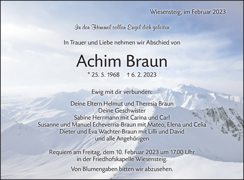  Traueranzeige für Achim Braun vom 08.02.2023 aus SÜDWEST PRESSE Ausgabe Ulm/Neu-Ulm