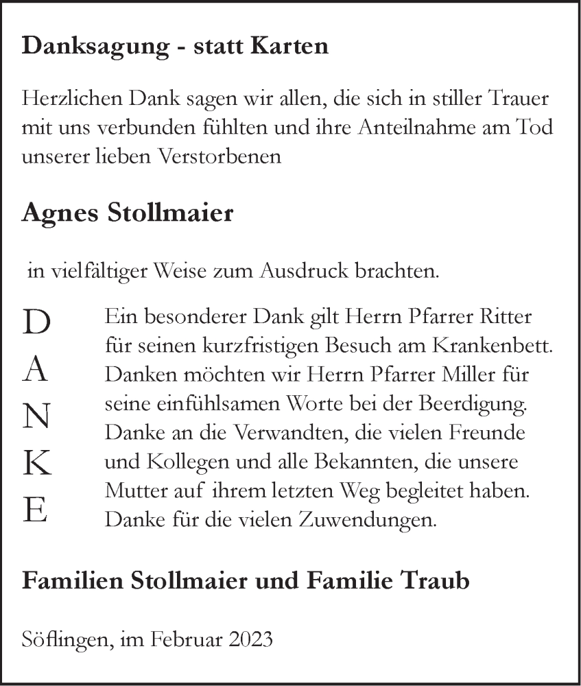  Traueranzeige für Agnes Stollmaier vom 04.02.2023 aus SÜDWEST PRESSE Ausgabe Ulm/Neu-Ulm