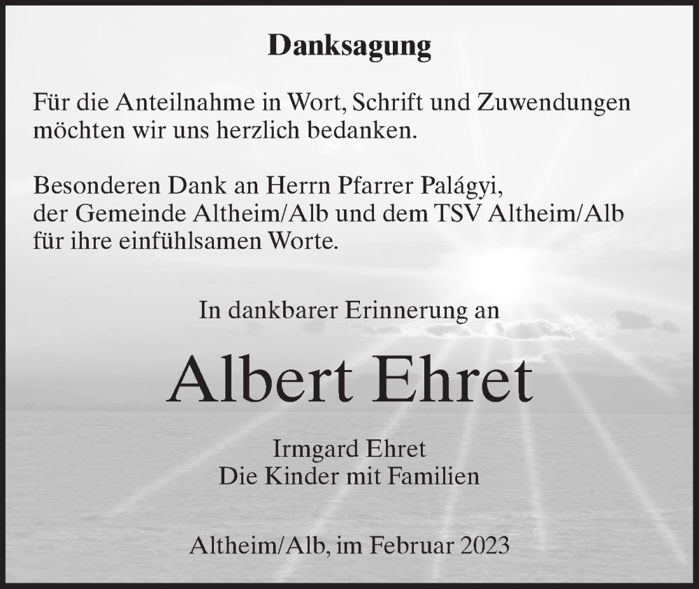  Traueranzeige für Albert Ehret vom 27.02.2023 aus SÜDWEST PRESSE Ausgabe Ulm/Neu-Ulm