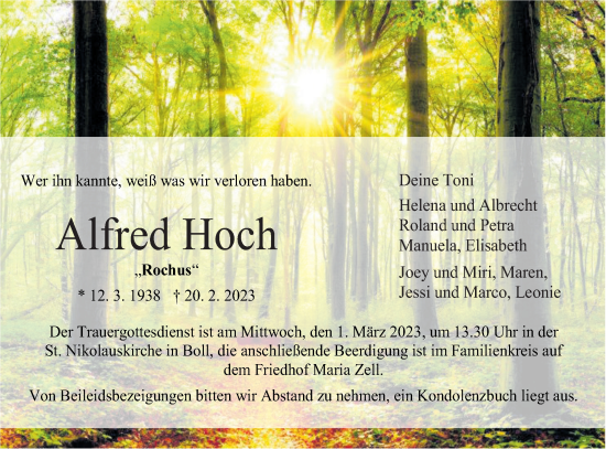 Traueranzeige von Alfred Hoch von Metzinger-Uracher Volksblatt