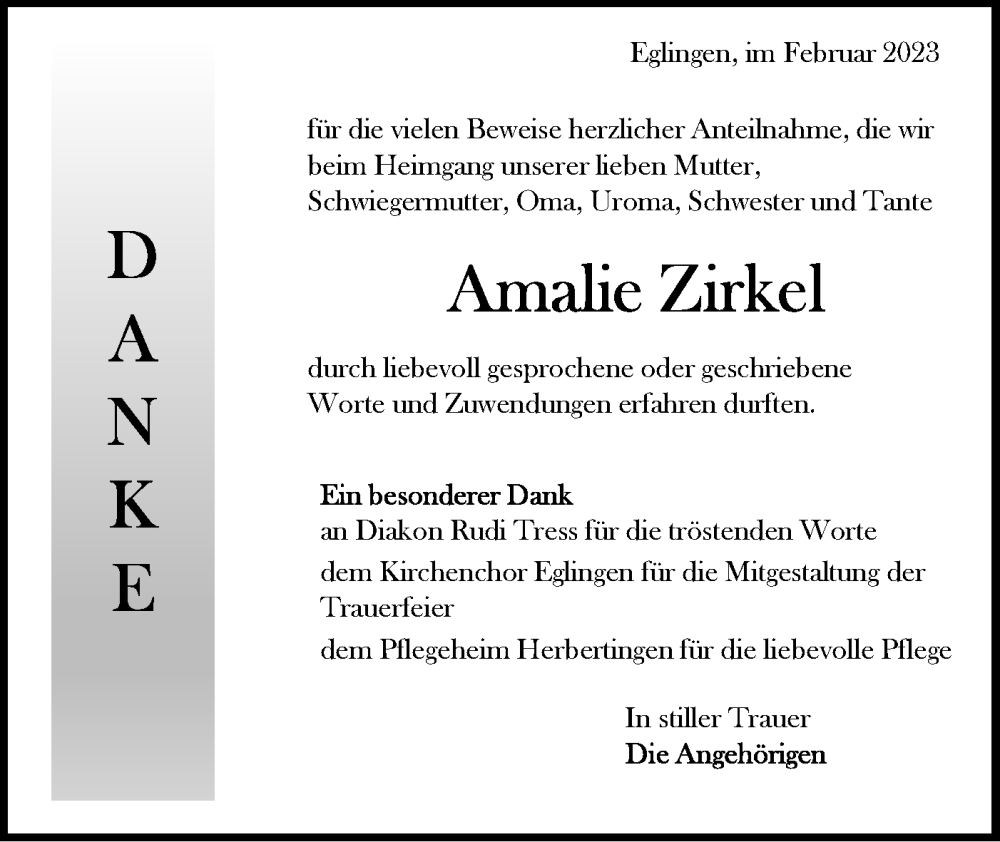 Traueranzeige für Amalie Zirkel vom 08.02.2023 aus Alb-Bote/Metzinger-Uracher Volksblatt