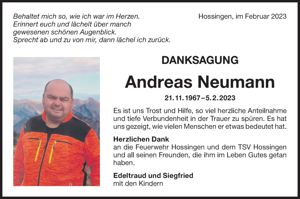  Traueranzeige für Andreas Neumann vom 17.02.2023 aus Metzinger-Uracher Volksblatt