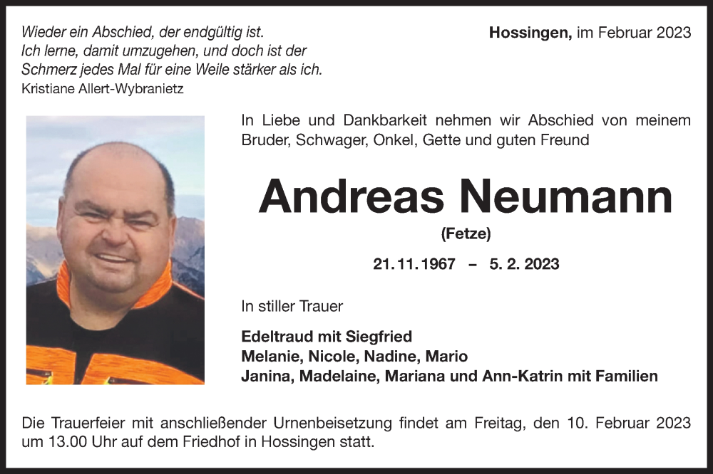  Traueranzeige für Andreas Neumann vom 08.02.2023 aus Metzinger-Uracher Volksblatt