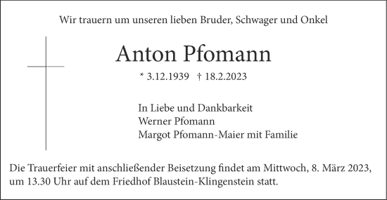 Traueranzeige von Anton Pfomann von SÜDWEST PRESSE Ausgabe Ulm/Neu-Ulm