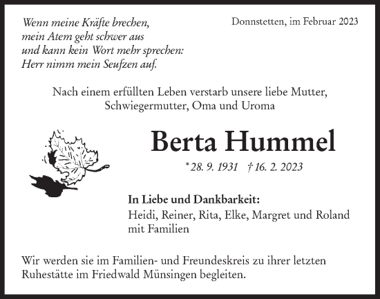 Traueranzeige von Berta Hummel von Alb-Bote/Metzinger-Uracher Volksblatt