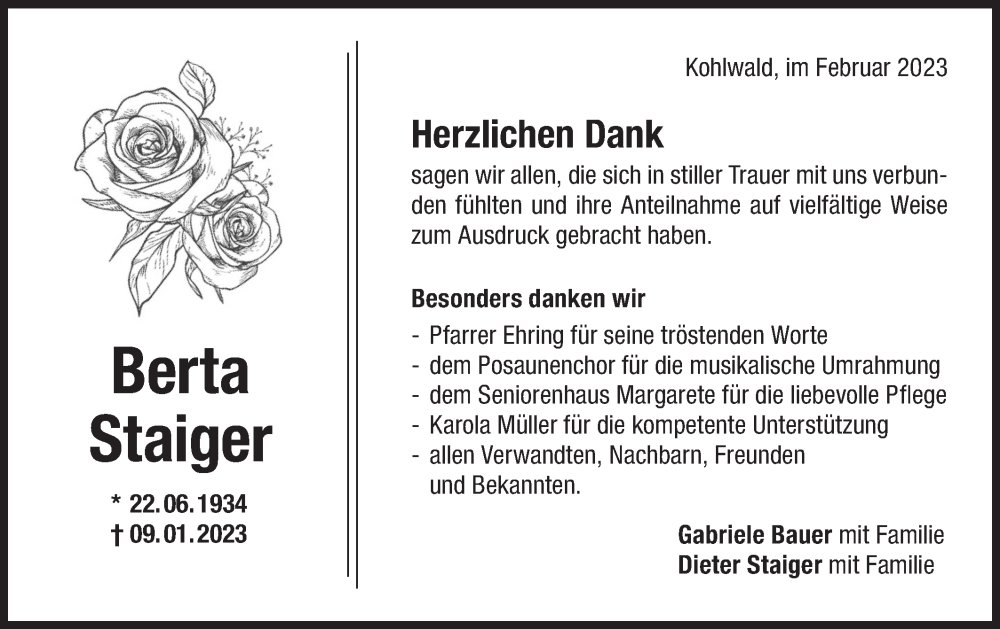  Traueranzeige für Berta Staiger vom 11.02.2023 aus Rundschau Gaildorf