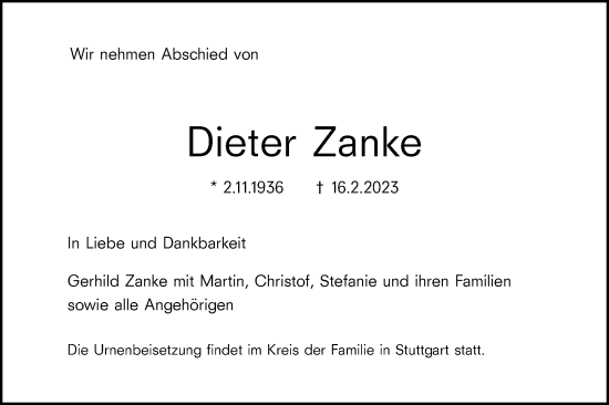 Traueranzeige von Dieter Zanke von SÜDWEST PRESSE Ausgabe Ulm/Neu-Ulm