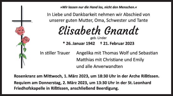 Traueranzeige von Elisabeth Gnandt von Ehinger Tagblatt