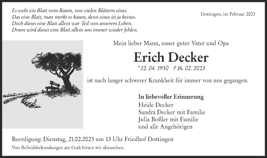 Traueranzeige von Erich Decker von Alb-Bote/Metzinger-Uracher Volksblatt