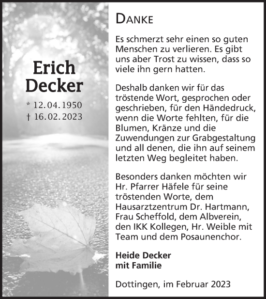 Traueranzeige von Erich Decker von Alb-Bote/Metzinger-Uracher Volksblatt