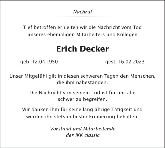 Traueranzeige von Erich Decker von Alb-Bote/Metzinger-Uracher Volksblatt