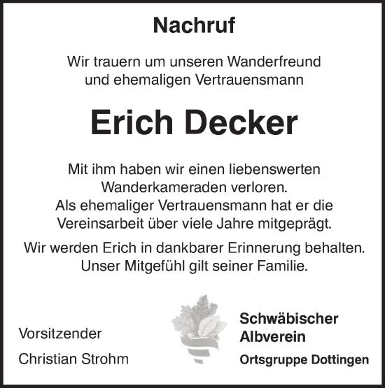 Traueranzeige von Erich Decker von Alb-Bote/Metzinger-Uracher Volksblatt