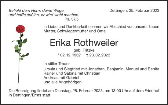Traueranzeige von Erika Rothweiler von Metzinger-Uracher Volksblatt