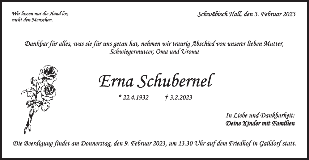  Traueranzeige für Erna Schubernel vom 08.02.2023 aus Haller Tagblatt