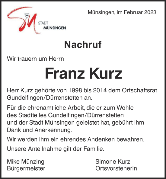 Traueranzeige von Franz Kurz von Alb-Bote/Metzinger-Uracher Volksblatt