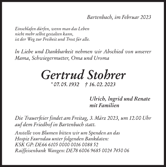 Traueranzeige von Gertrud Stohrer von NWZ Neue Württembergische Zeitung